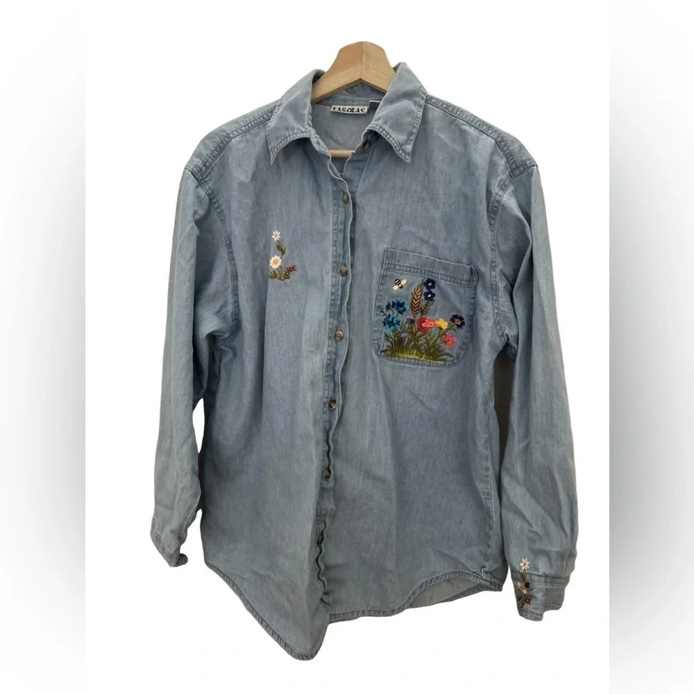 Embroidered Light Blue Denim Shirt - Women - Picture 1 of 7